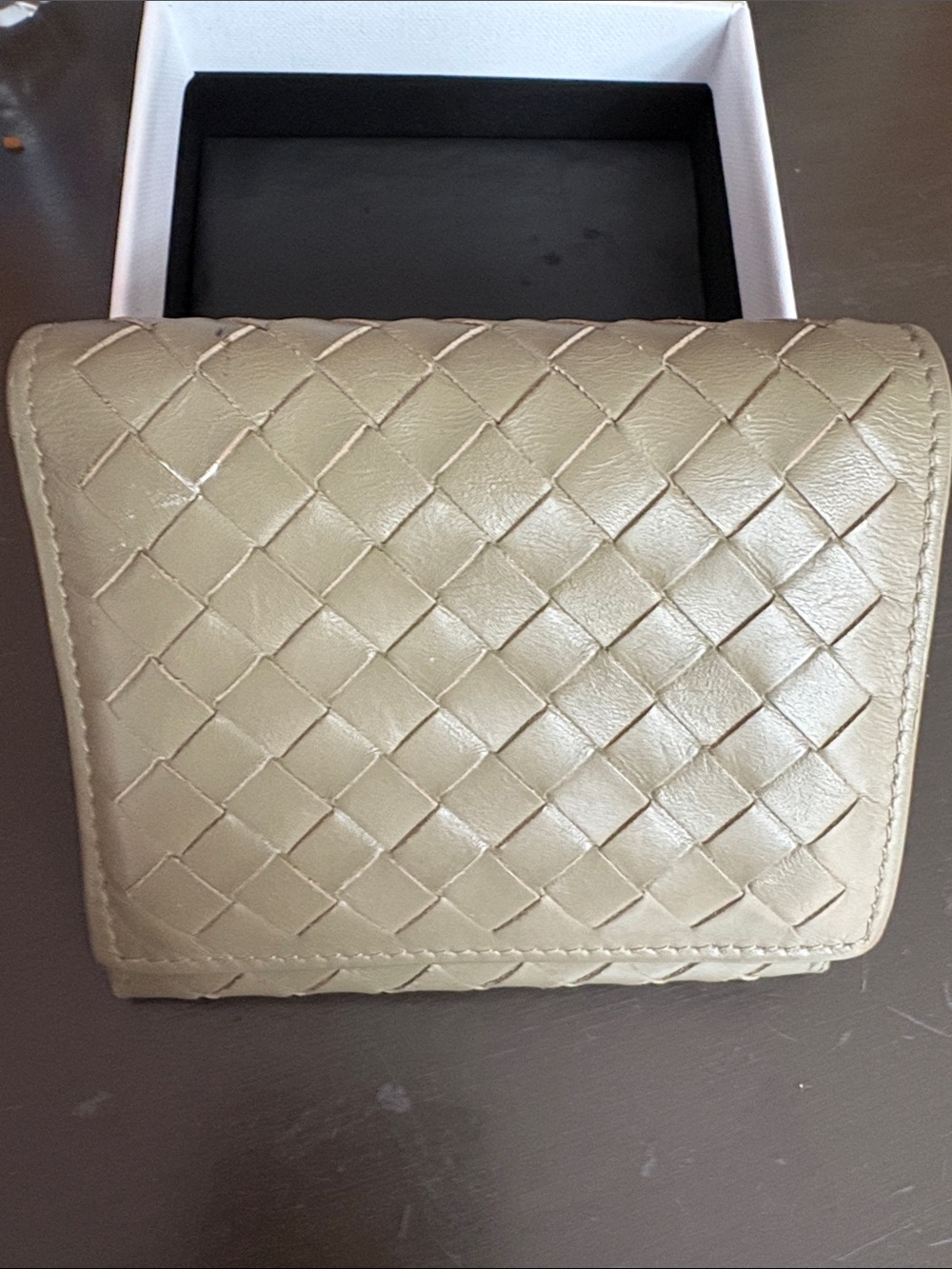Bottega Woven Leather Fold Wallet in Taupe/light green